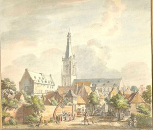 Gezicht op Doeburg met Grote Kerk, Arsenaal en voormalige kloostertuin