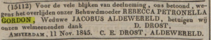 Dankbetuiging door Catharina Elisabeth Aldewereld en Dionysius Drost, Algemeen Handelsblad 12 november 1845. Via: Delpher