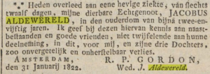 overlijdensbericht Jacobus Alderwereld geplaatst in de Opregte Haarlemsche Courant door Rebecca Petronella Gordon