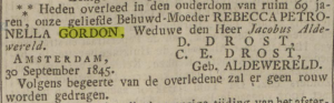 Overlijdensbericht Rebecca Petronella Gordon door Catharina Elisabeth Aldewereld en Dionysius Drost, Opregte Haarlemsche Courant.